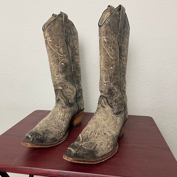 Circle G by Corral Women's Black Tan Distressed Embroidered Western Boots Sz 7.5 - Picture 2 of 7